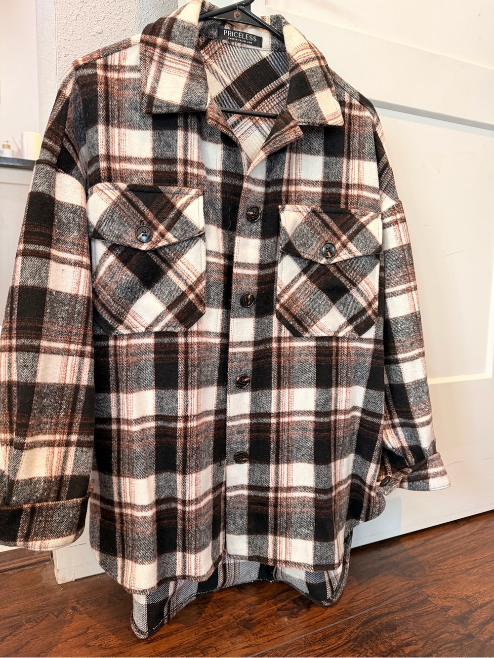 Shop Priceless Women’s Black, White & Brown Plaid Shacket